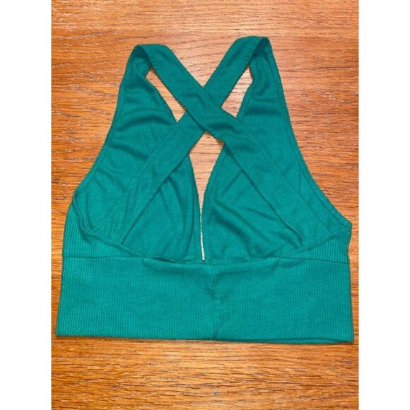 Ribbed Green Plunge Halter Bralette Top Cross Back - Picture 3 of 3